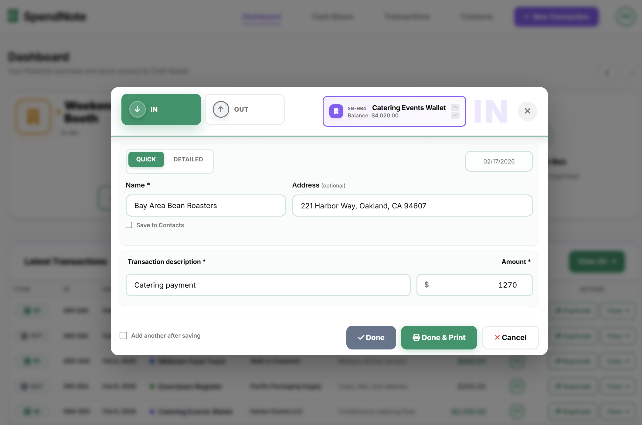 SpendNote transaction form — enter amount, description, contact and generate a cash receipt instantly